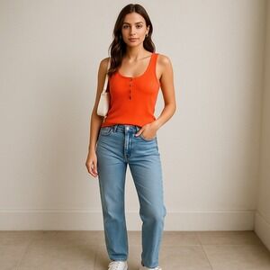 Fleur de Lis Essentials Ribbed Henley Tank Top – Orange – Size M